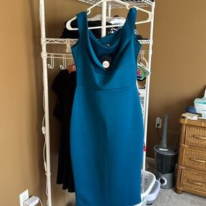 BOOHOO BLUE OFF THE SHOULDER DRESS.